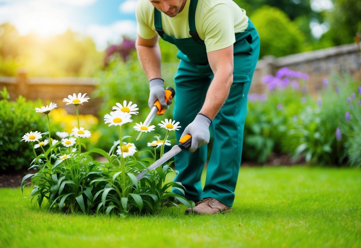 A gardener trimming back daisy plants after flowering in a lush garden setting with changing seasonal backgrounds