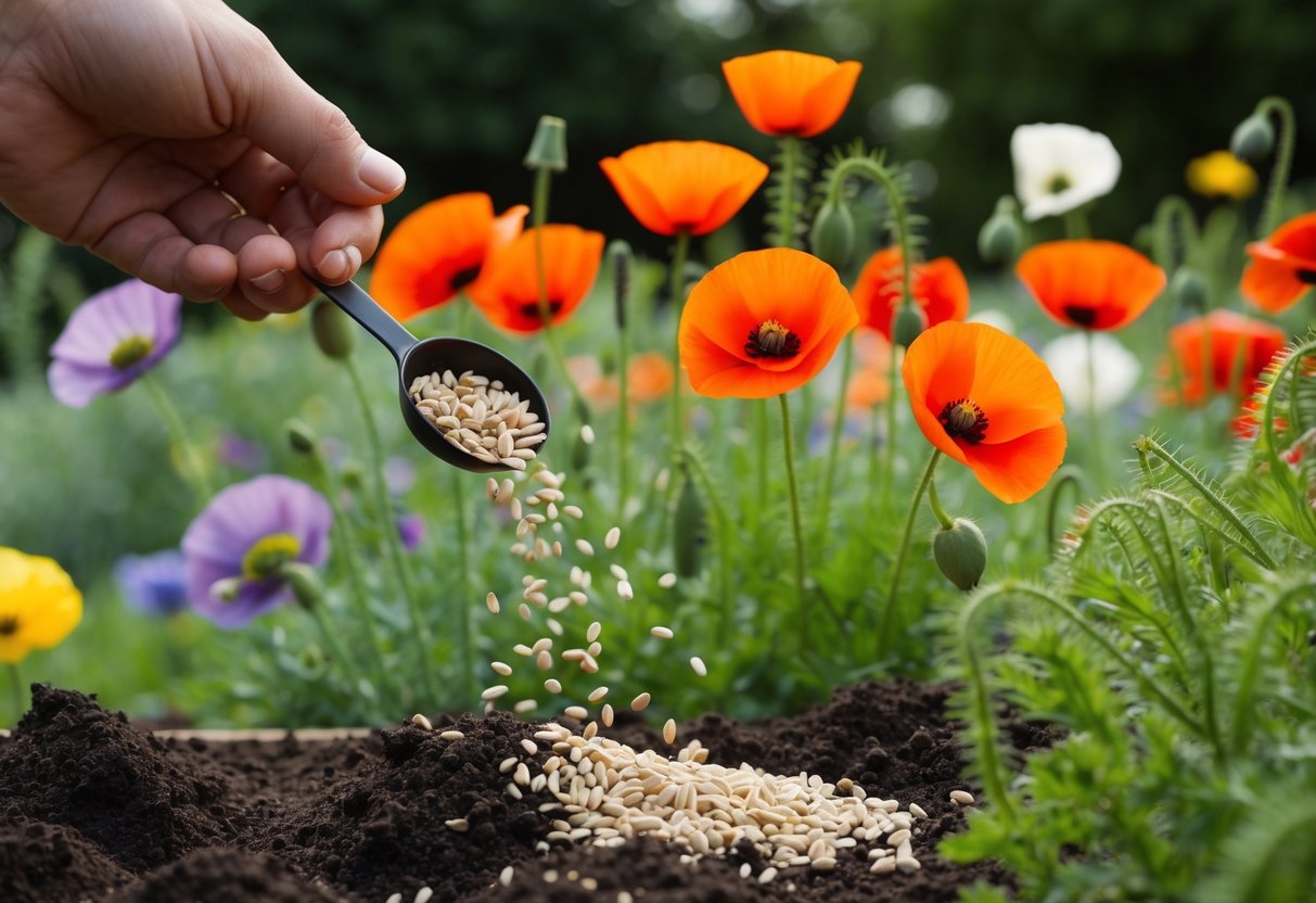 Poppy seeds being scattered onto soil in a garden, with various poppy varieties in the background