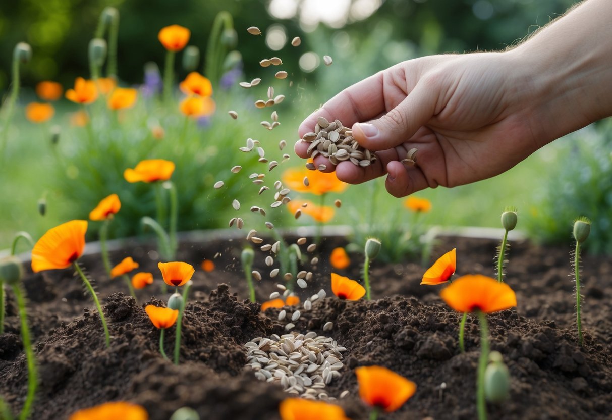 Poppy seeds being scattered across a patch of soil in a garden