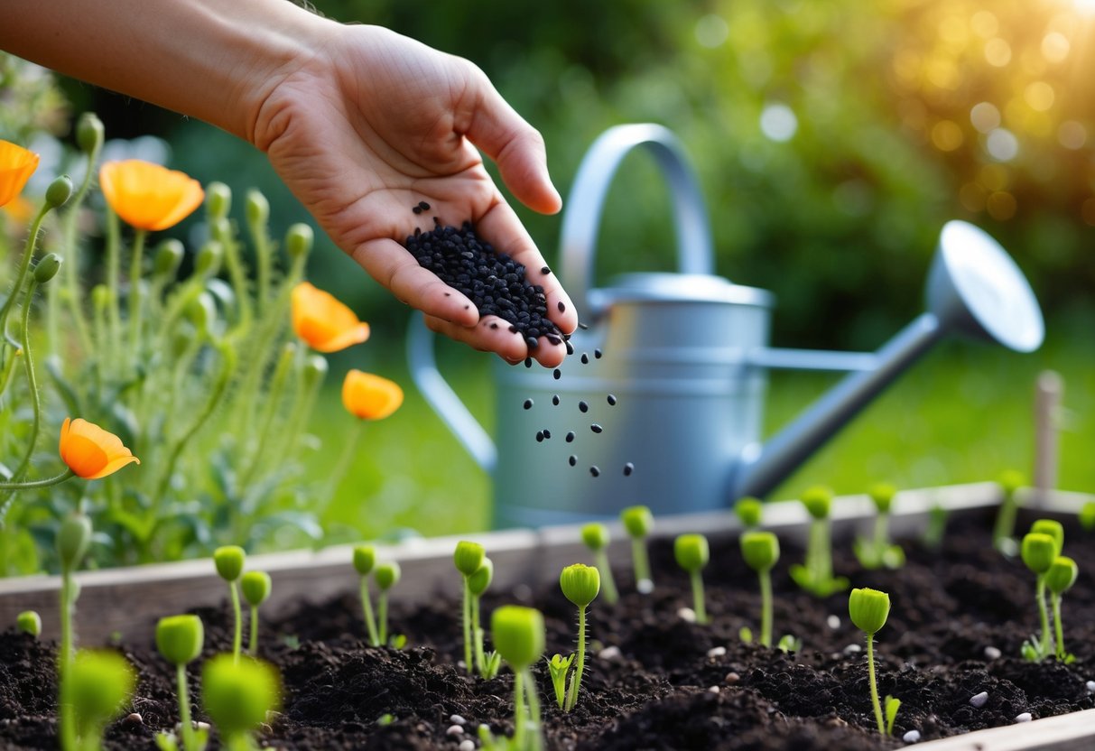 A hand scattering poppy seeds in a garden bed, with freshly planted seedlings nearby and a watering can in the background