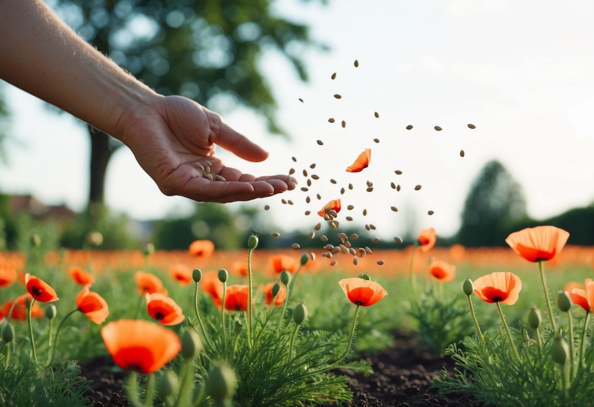 A hand scattering poppy seeds across a garden bed