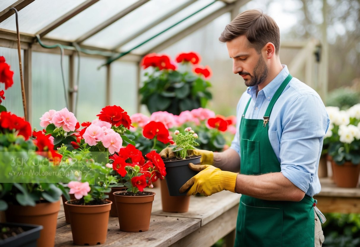 A gardener carefully trims and repots geraniums in a cozy greenhouse, preparing them for the winter months in the UK