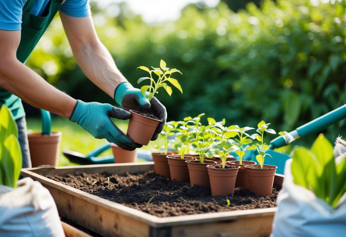 A gardener carefully transfers seedlings from small pots to a prepared outdoor garden bed, surrounded by gardening tools and bags of soil