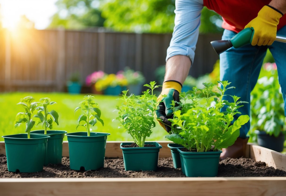 A gardener carefully transfers young annual plants from their indoor containers to the outdoor garden bed