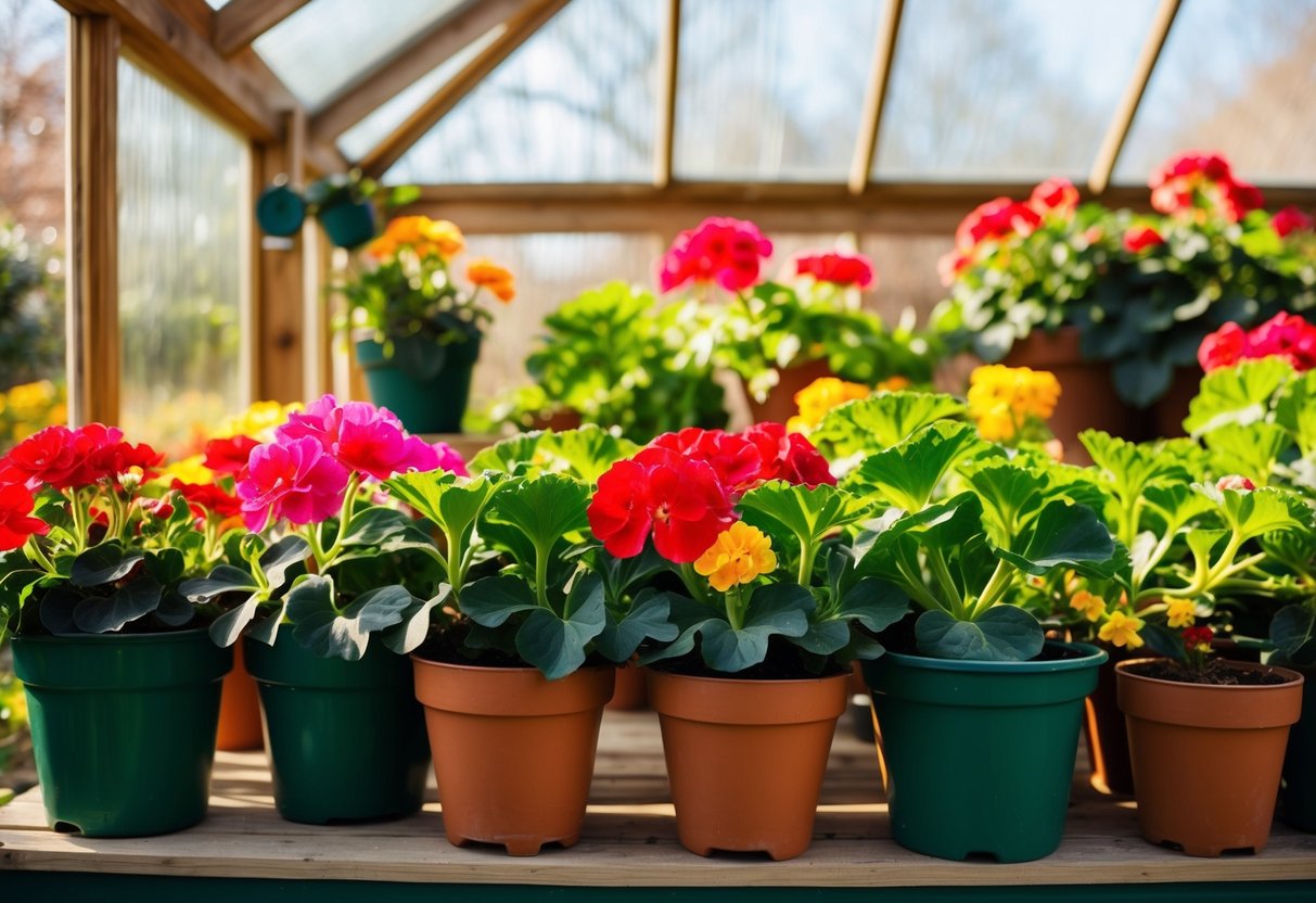 A cozy greenhouse filled with potted geraniums, protected from the cold winter weather in the UK. Bright sunlight streams in through the glass, casting warm shadows on the vibrant green leaves and colorful blooms