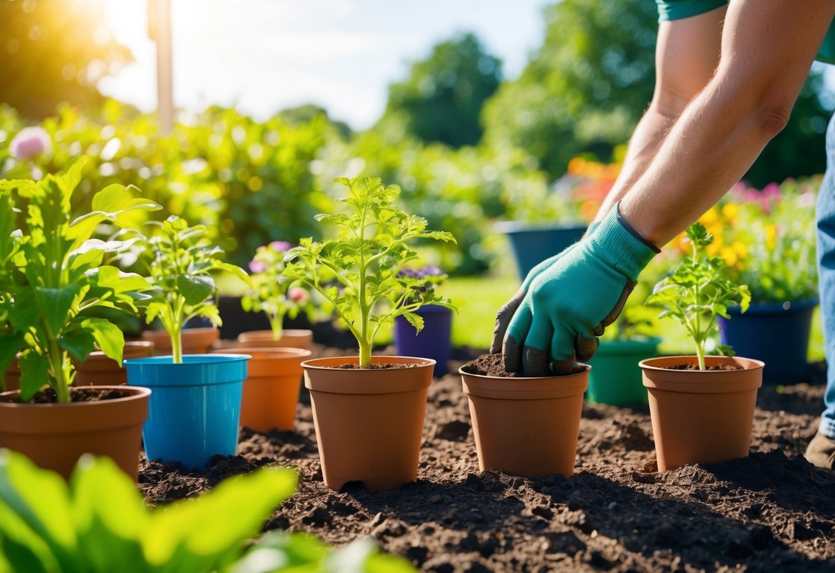 A sunny garden with various potted annual plants being carefully transplanted into the soil by a pair of gloved hands