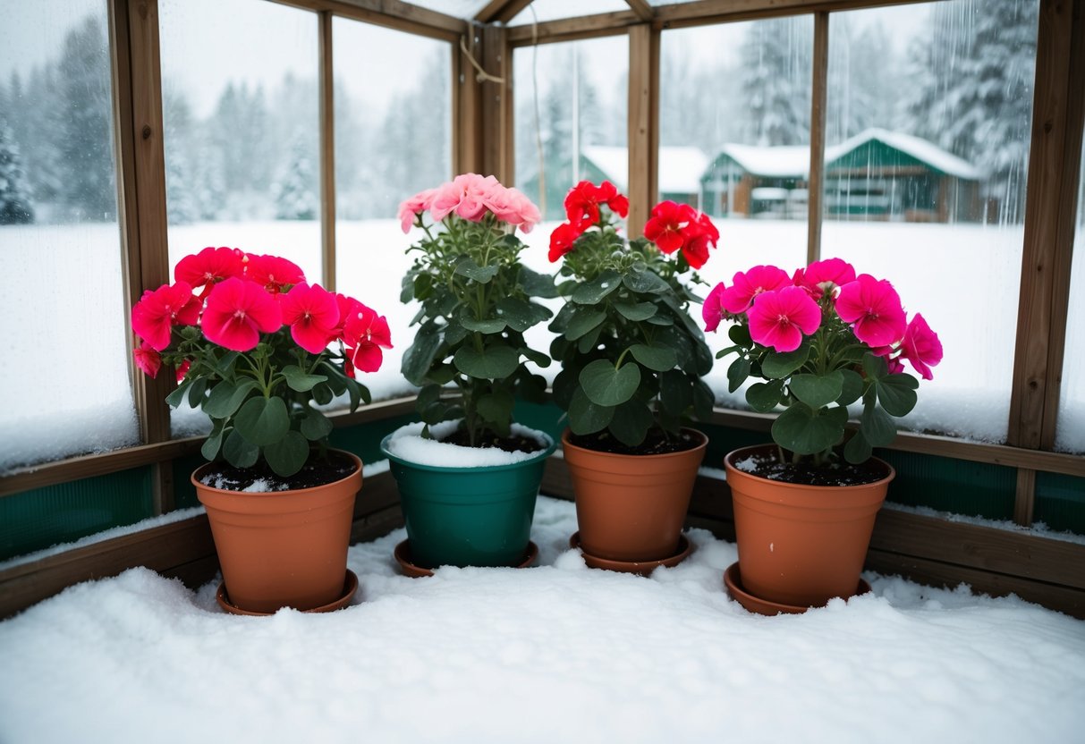 A cozy greenhouse with potted geraniums, surrounded by frosty windows and a blanket of snow outside