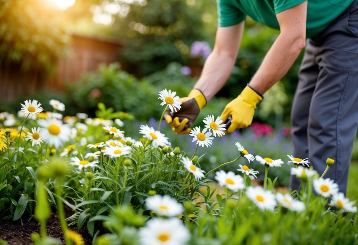 A gardener deadheads perennial daisies in a lush garden bed