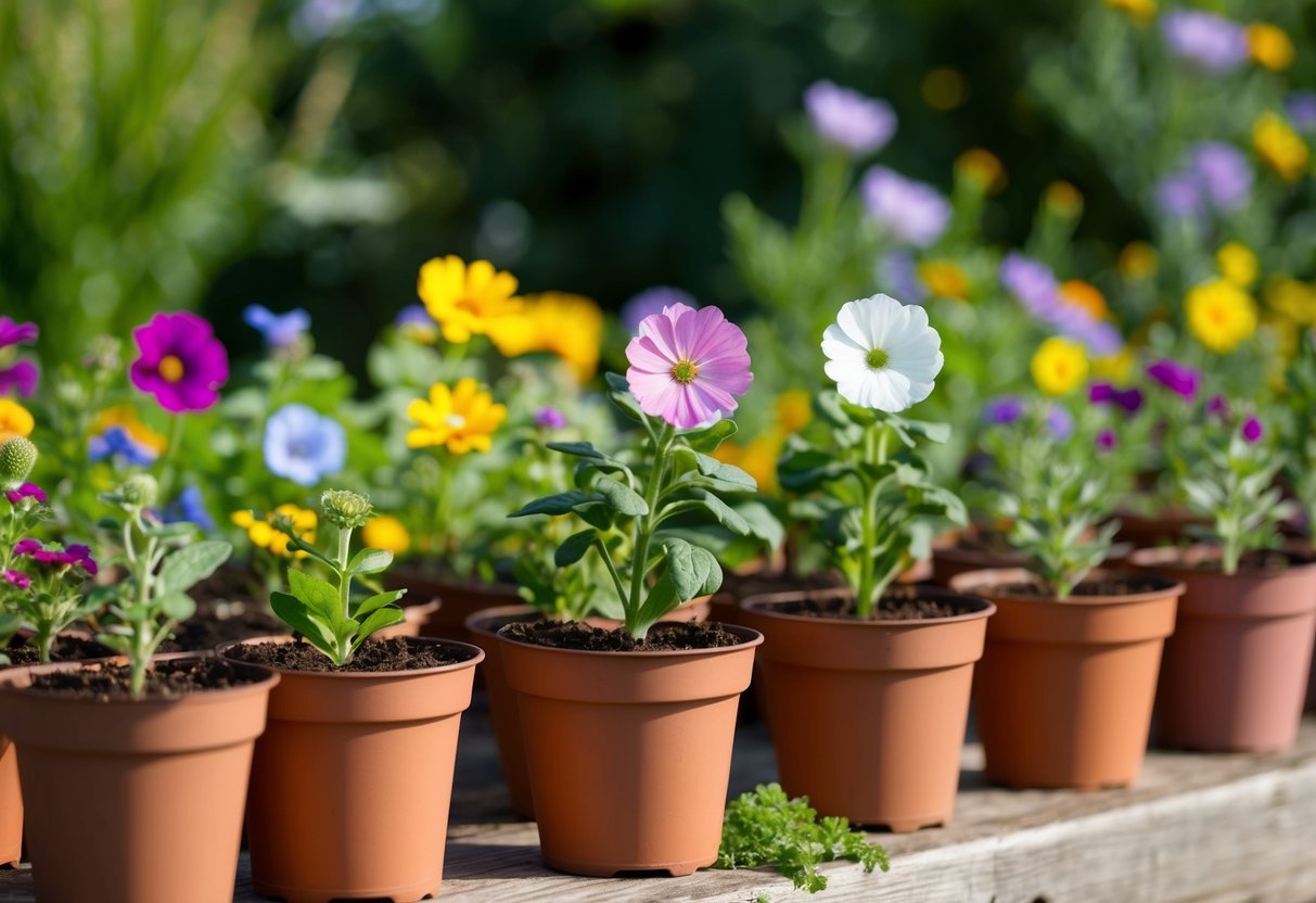 A variety of annual flowers in small pots, ready for transplanting outdoors. Some may require special care due to their specific needs