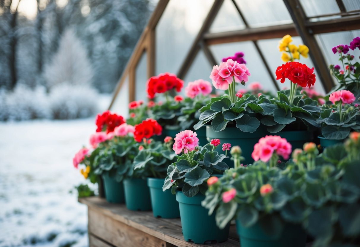 A cozy greenhouse filled with blooming geraniums, surrounded by frosty winter landscapes outside