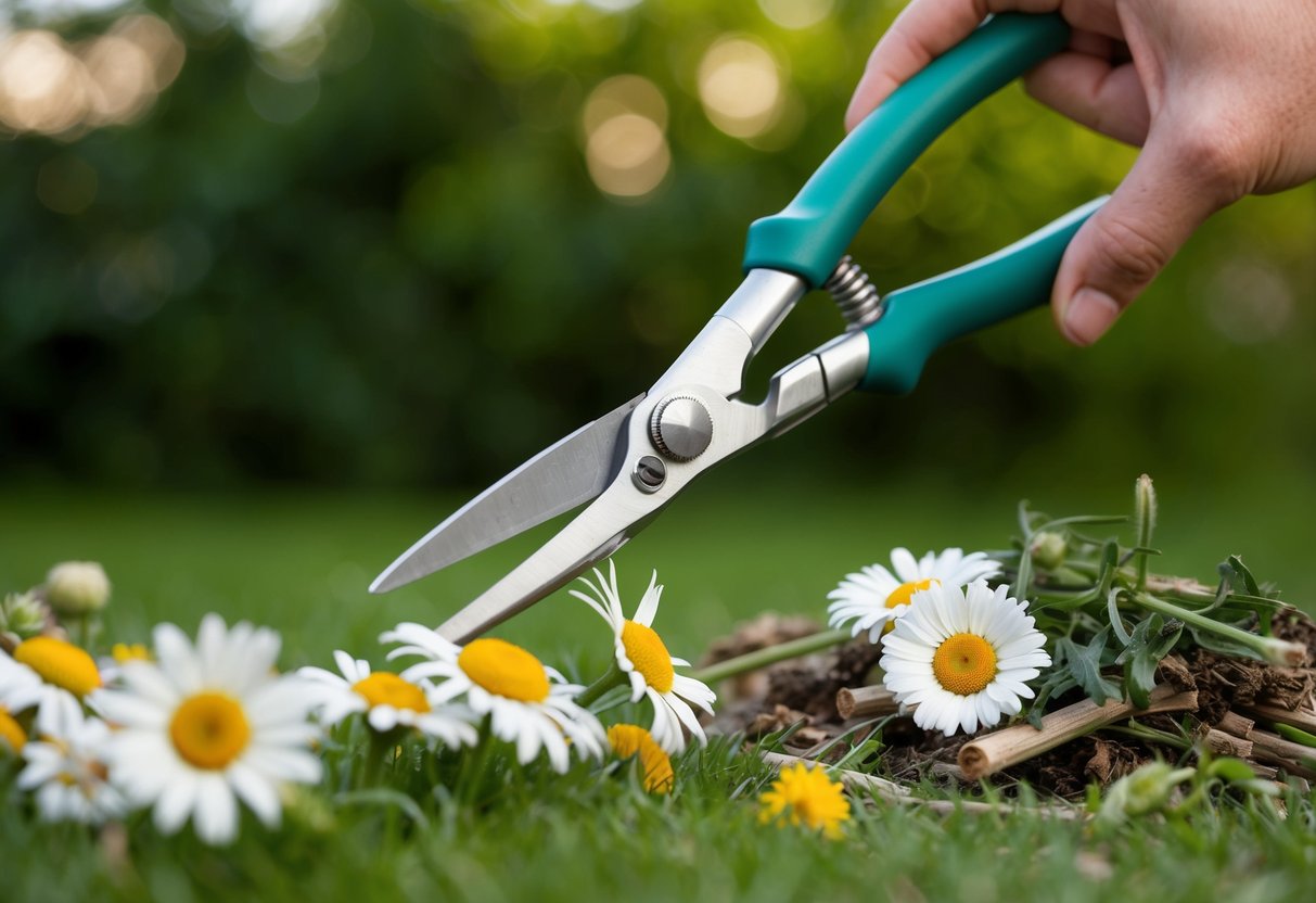 A pair of gardening shears snipping off spent daisy blooms, with a pile of discarded flowers nearby