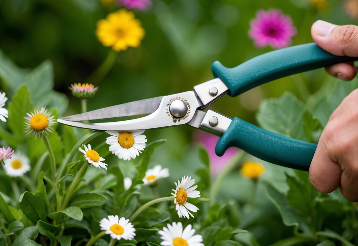 A pair of gardening shears snipping off spent daisy blooms, surrounded by healthy green foliage and colorful blossoms