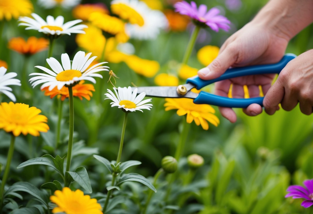 Bright garden with colorful perennial daisies. One daisy being deadheaded with garden shears