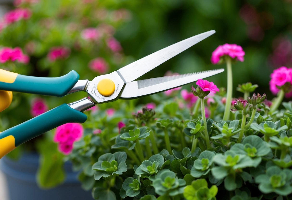 A pair of gardening shears neatly trims back overgrown geraniums, revealing healthy new growth beneath