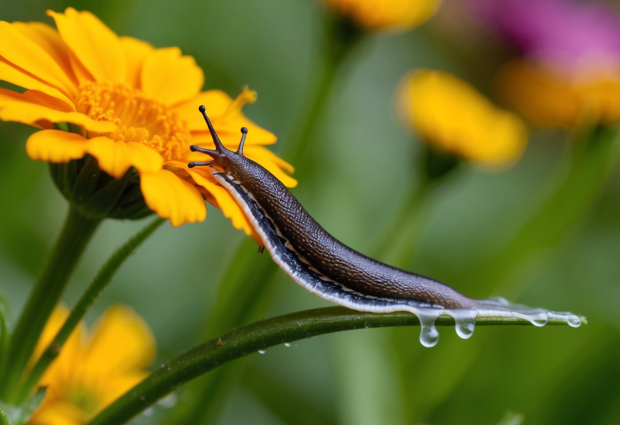 A slug munches on a vibrant marigold flower, leaving behind a trail of slime on the petals