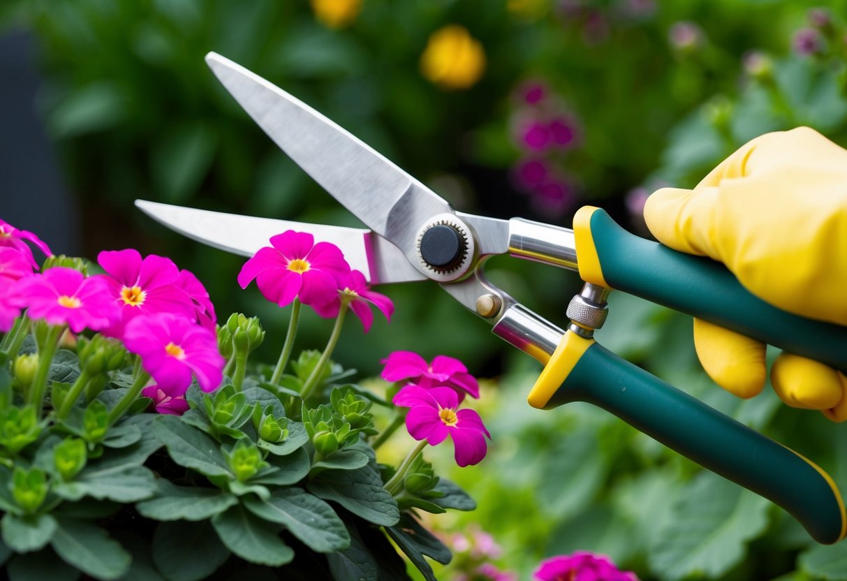 A pair of gardening shears poised to trim back a cluster of perennial geraniums in a lush garden setting