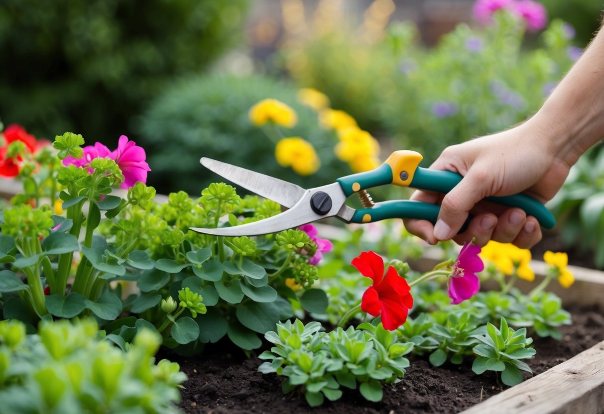 A pair of gardening shears trimming back overgrown perennial geraniums in a well-tended garden bed