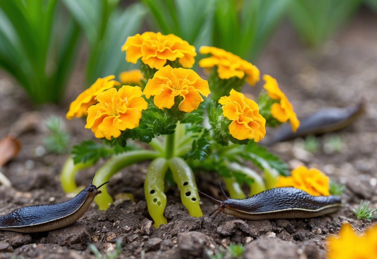 A marigold plant with holes and slime trails, surrounded by slugs