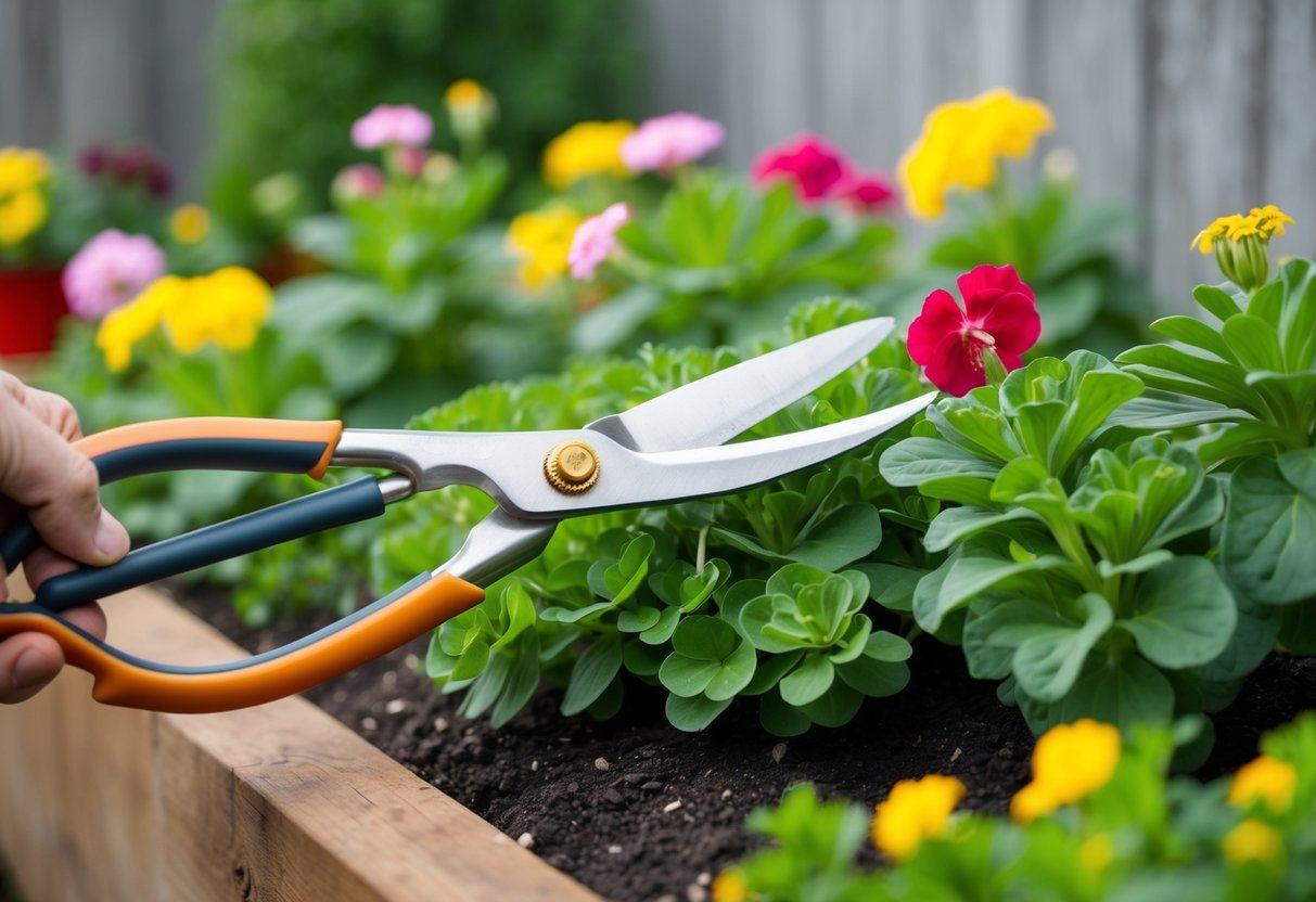 A pair of gardening shears snipping back overgrown perennial geraniums in a well-tended garden bed