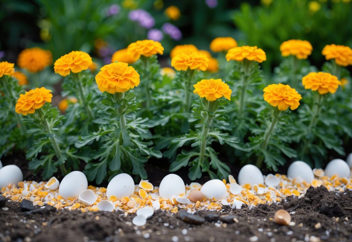 A garden scene with marigold plants surrounded by a barrier of crushed eggshells to deter slugs