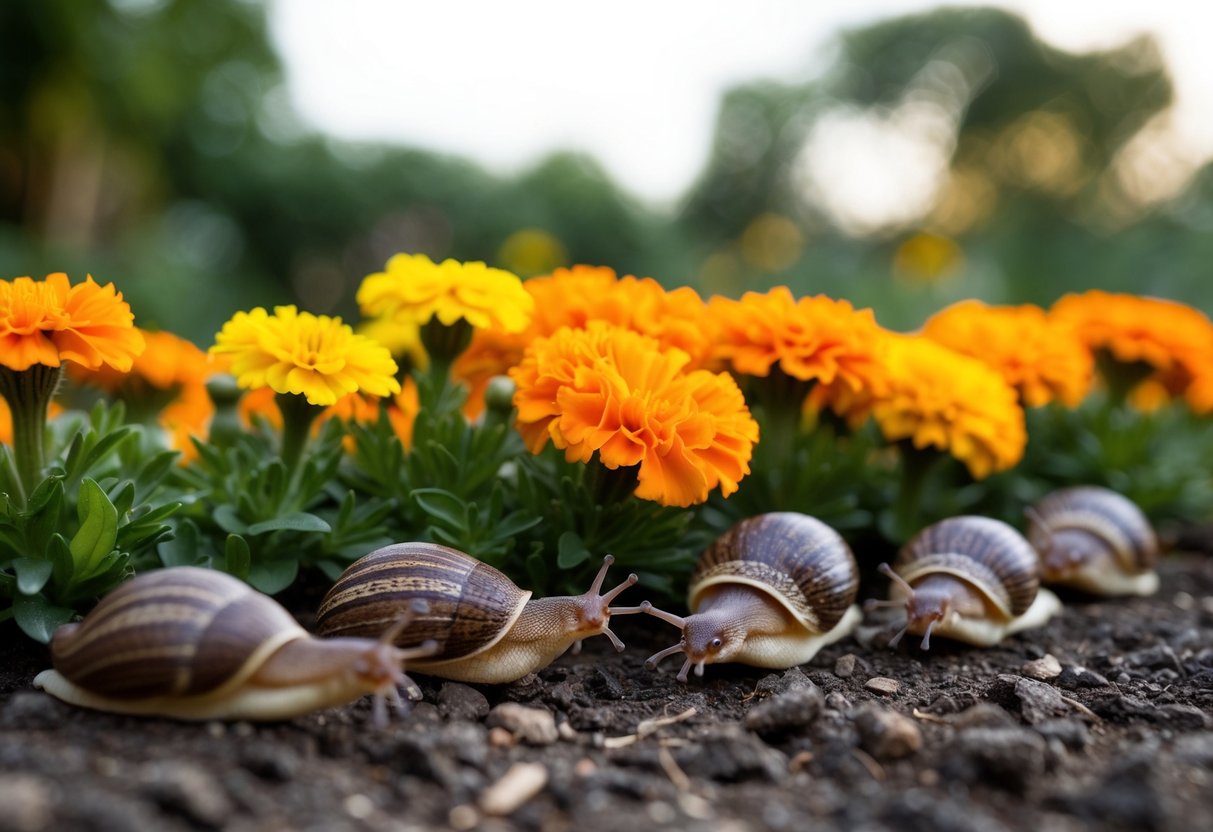 A group of slugs crawling towards a bed of marigolds, munching on the vibrant orange and yellow flowers