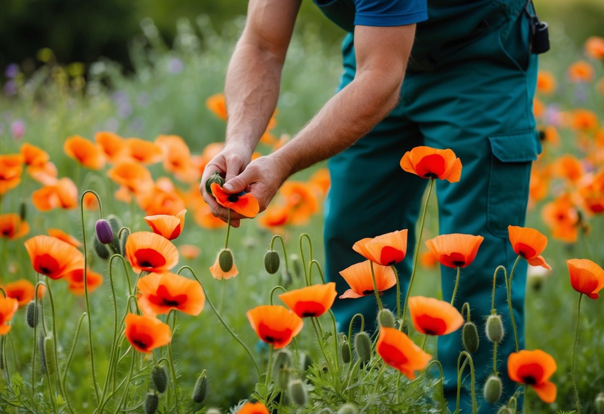 A gardener removing faded blooms from annual poppies