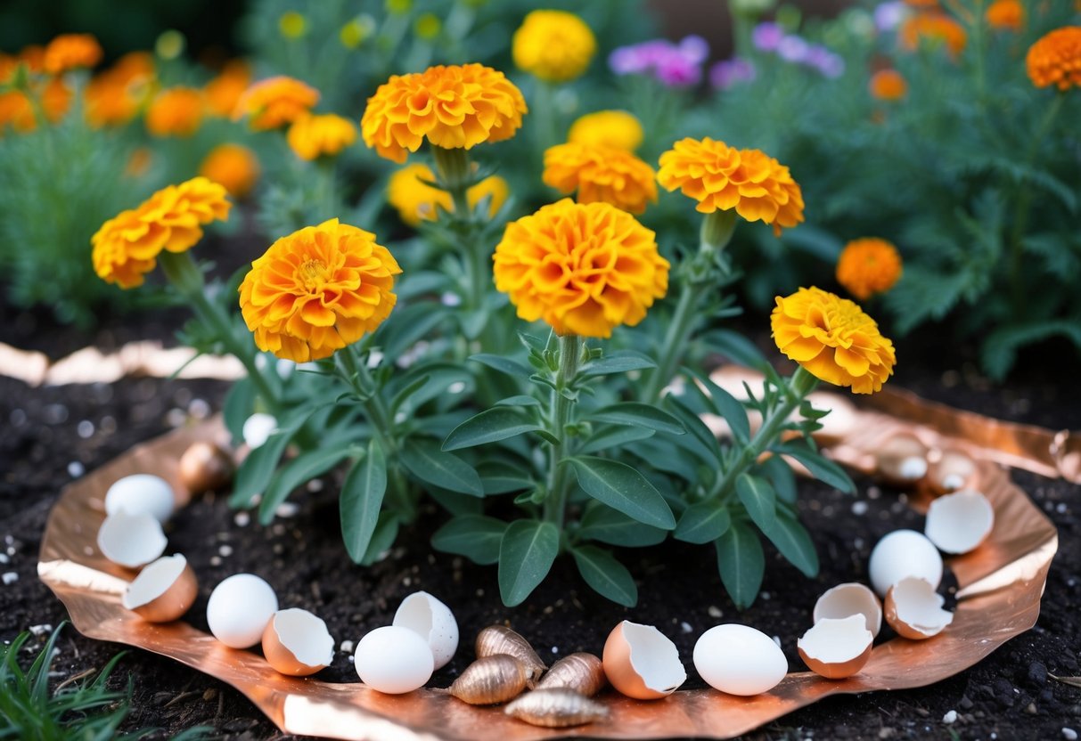 A garden with marigolds surrounded by crushed eggshells and copper tape to deter slugs