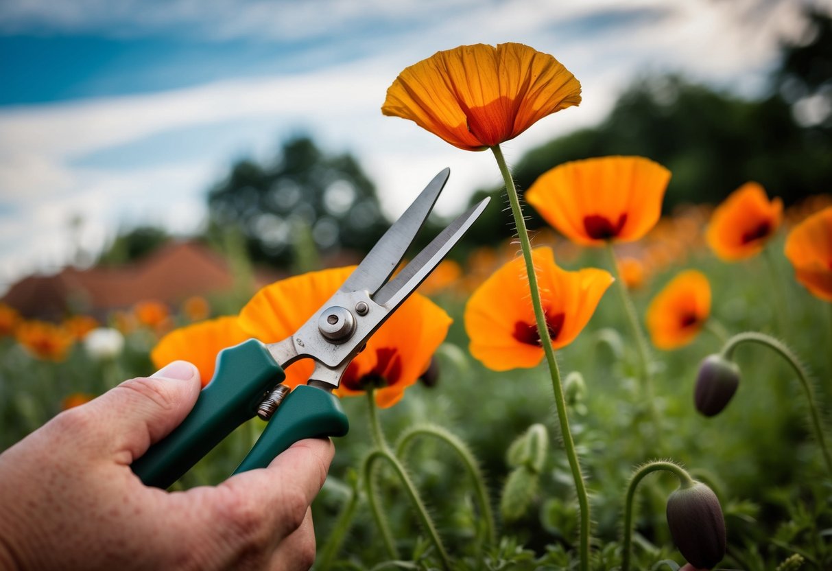 A hand holding garden shears, snipping wilted poppy blooms