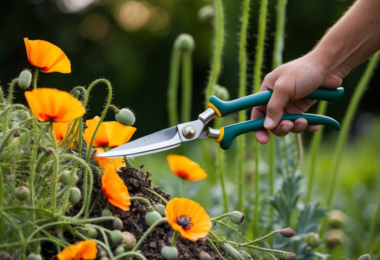 A pair of gardening shears snipping off faded poppy blooms, with a pile of spent flowers nearby and healthy green stems in the background