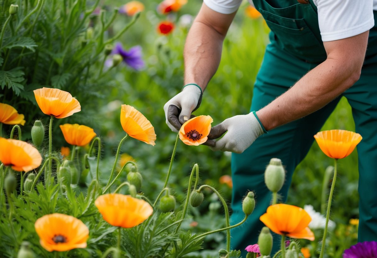 A gardener carefully removes faded poppy blooms from healthy plants, surrounded by vibrant green foliage and colorful flowers