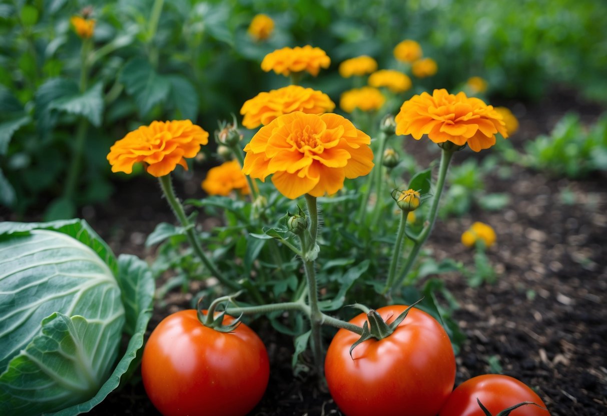 Marigolds surrounded by wilted plants: tomatoes, beans, and cabbage