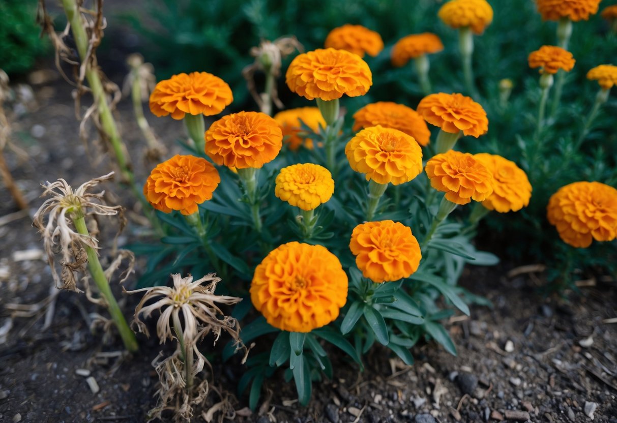 Marigolds surrounded by wilted and stunted plants, depicting their negative impact on neighboring companions