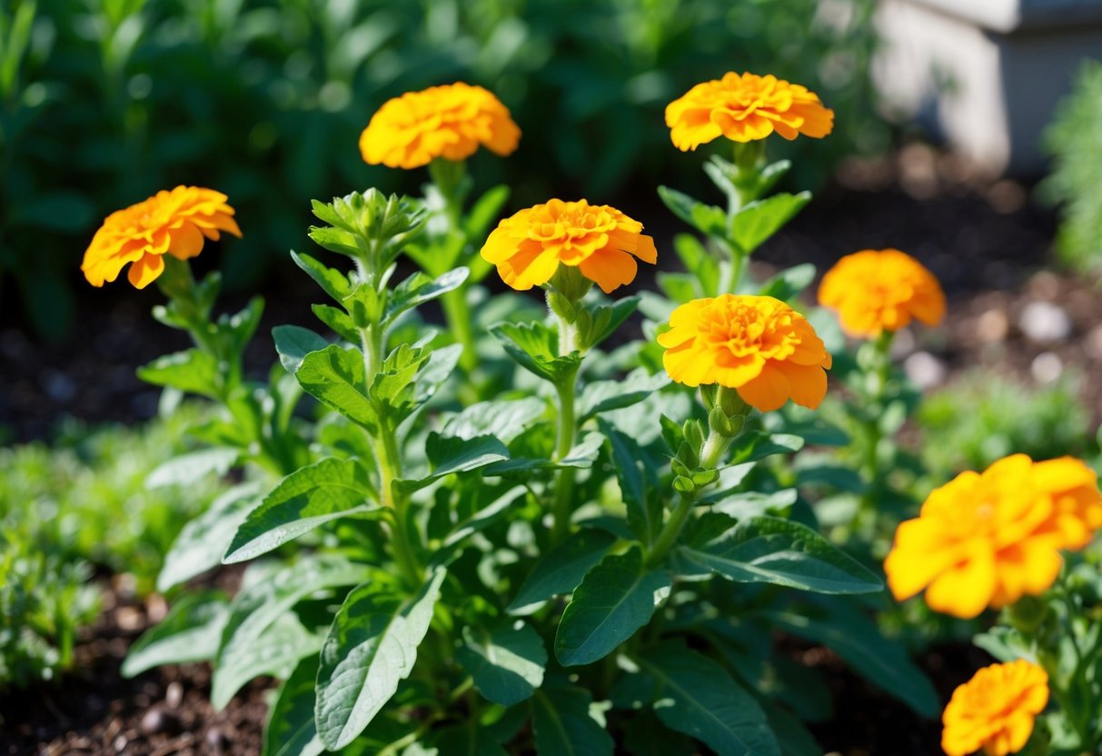 Healthy marigold plant with vibrant green leaves and no flowers in a sunny garden bed