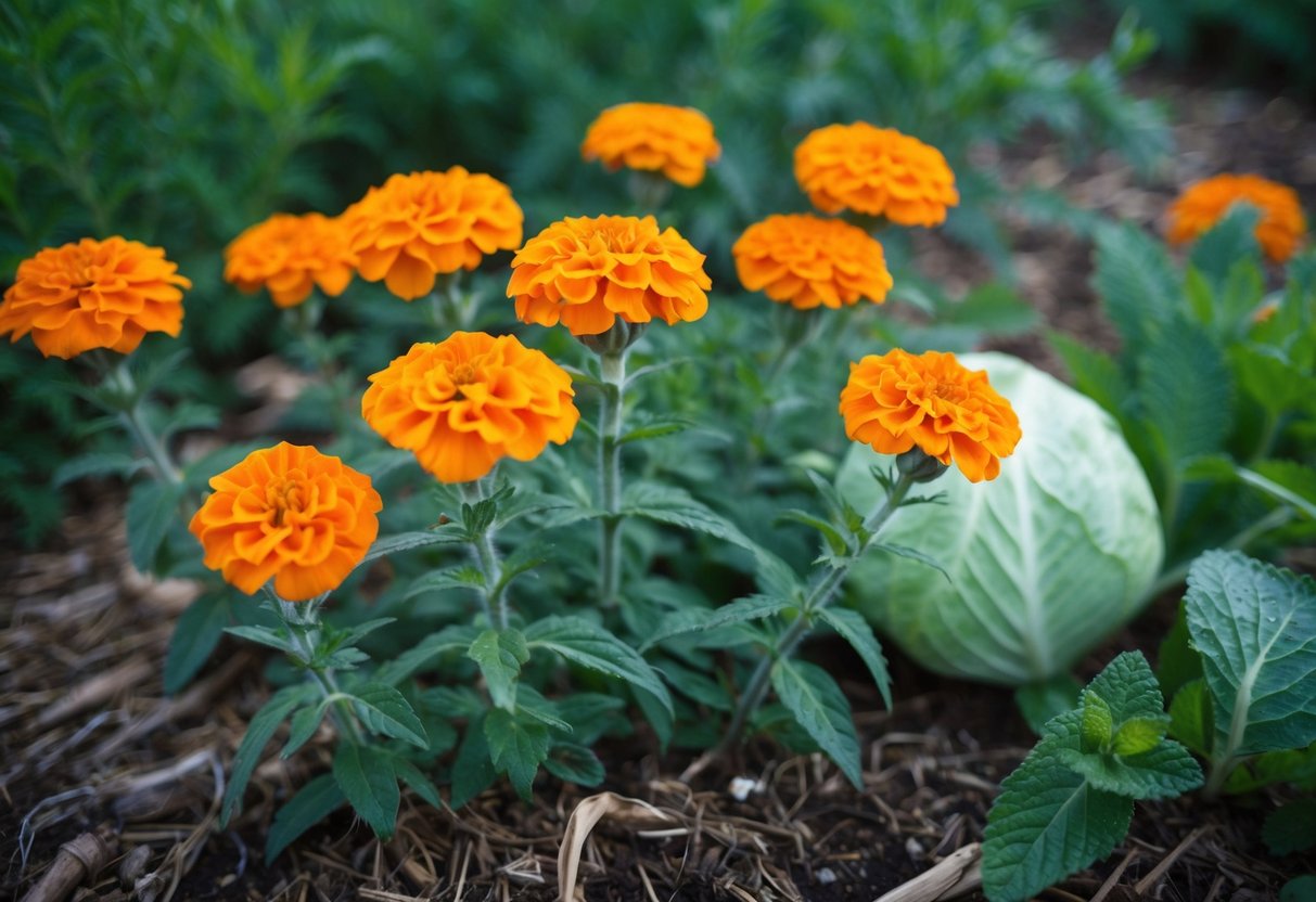 Marigolds surrounded by wilted plants: mint, beans, and cabbage