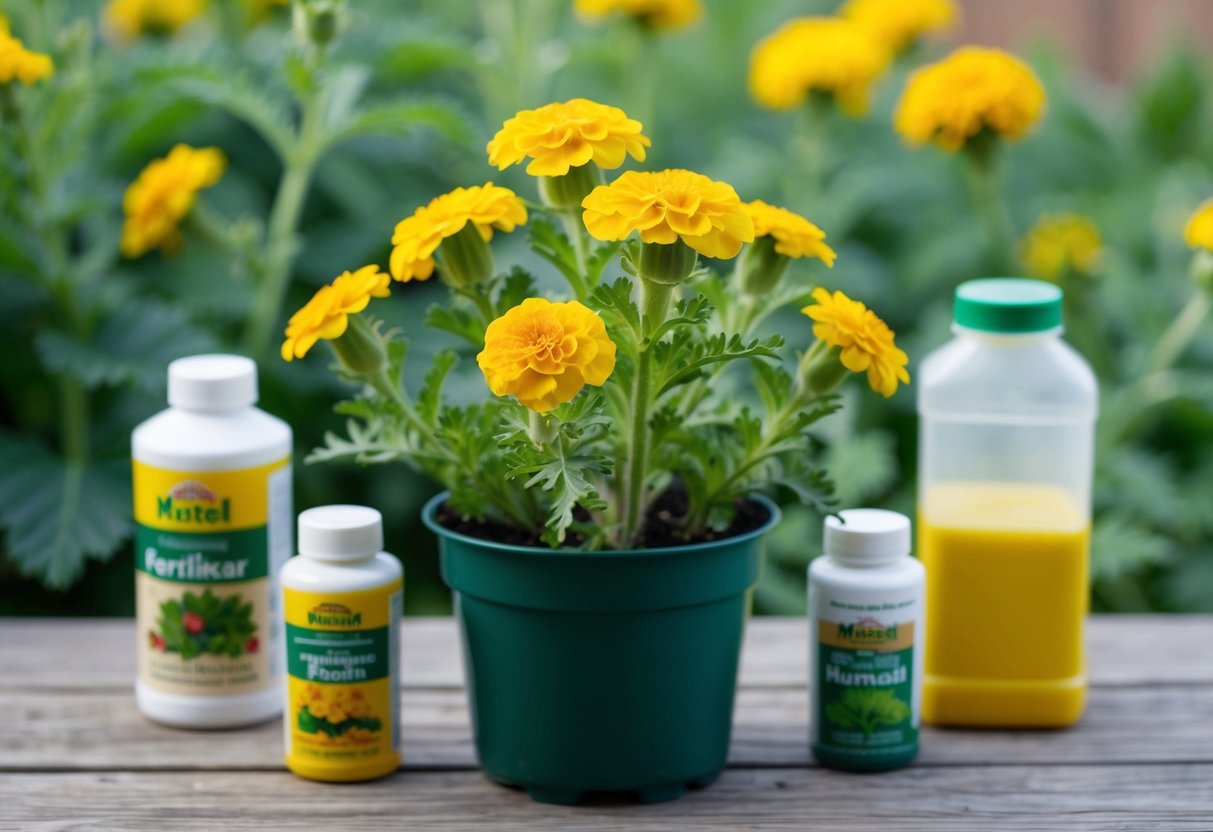 A marigold plant with yellowing leaves and no flowers, surrounded by fertilizer and nutrient bottles