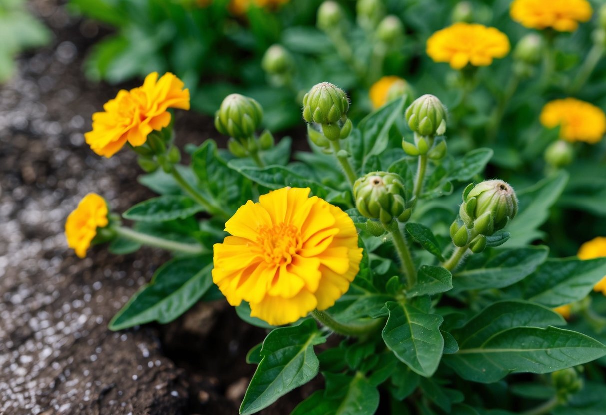 Healthy marigold plants with vibrant green leaves and buds, but no flowers. Nearby, signs of pests and diseases like aphids and powdery mildew