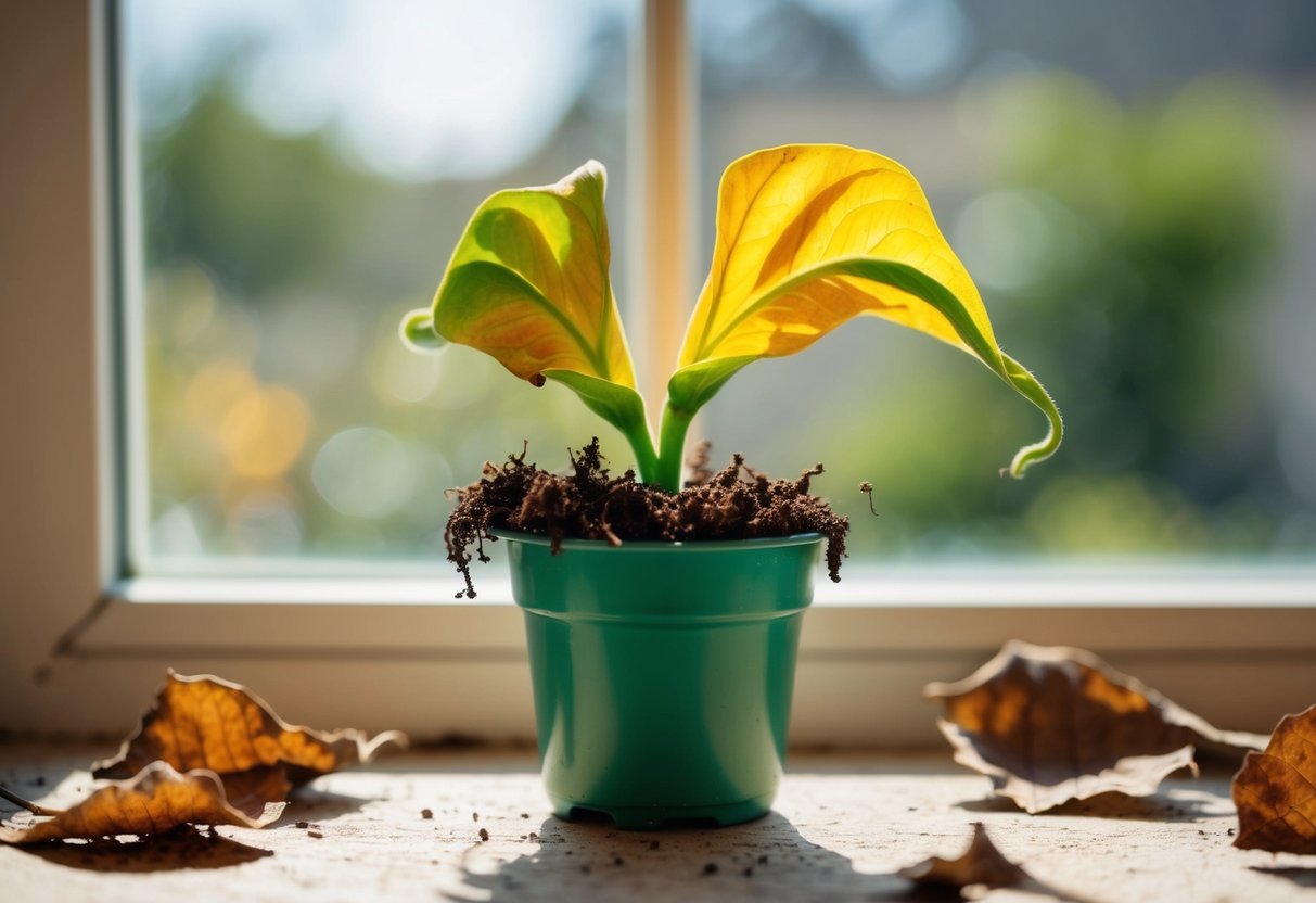 A vibrant lobelia plant wilting in a small pot on a sunny windowsill, surrounded by dried leaves and soil