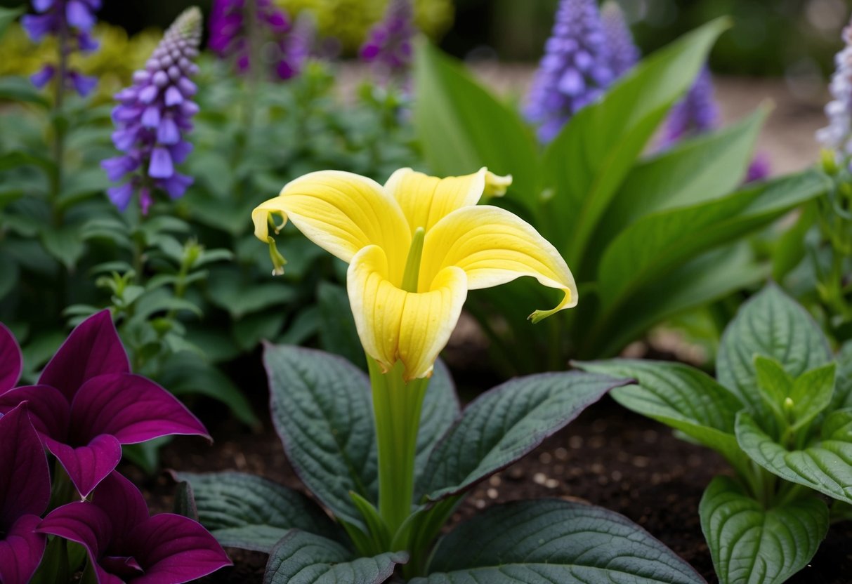 A wilting lobelia plant surrounded by other healthy plants in a garden bed