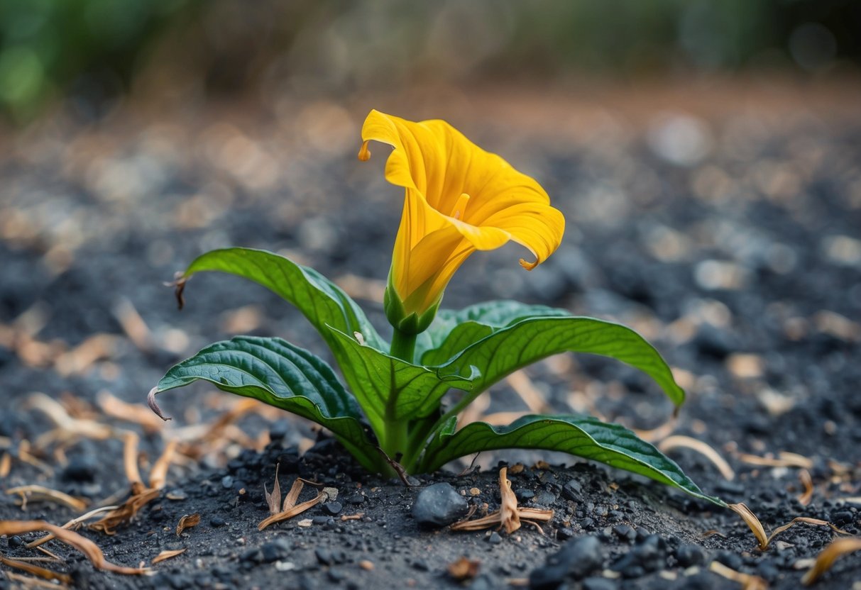 A wilting lobelia plant surrounded by dry soil and lack of water