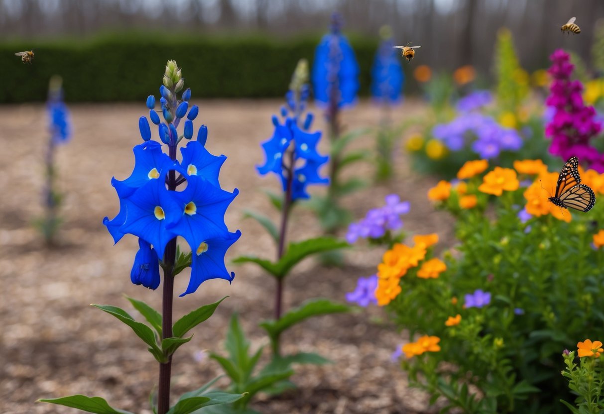 Bright blue lobelia flowers wilt in a barren garden, while nearby vibrant, blooming companion plants attract buzzing bees and fluttering butterflies