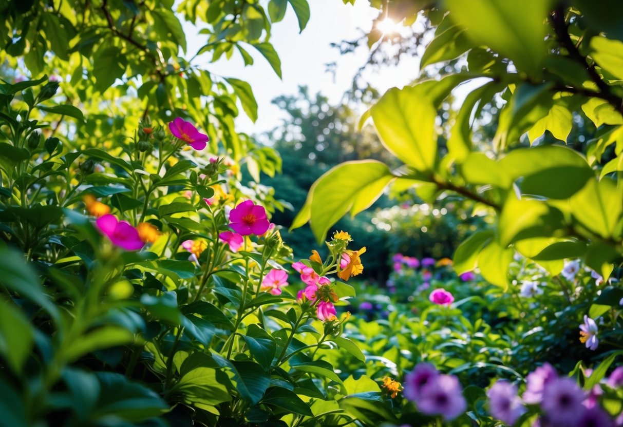 A lush garden with dappled sunlight filtering through the leaves, featuring vibrant flowers thriving in the shade