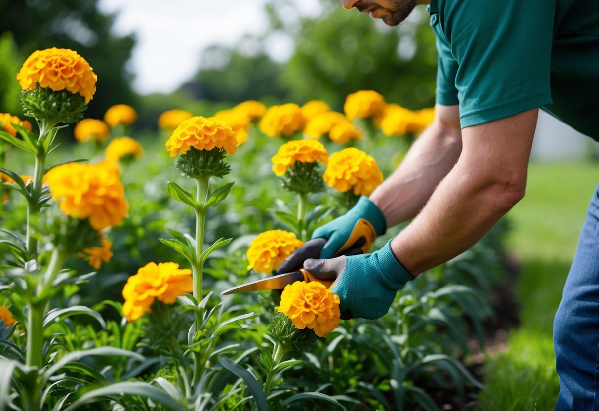 A gardener pruning marigold plants to encourage bushier growth