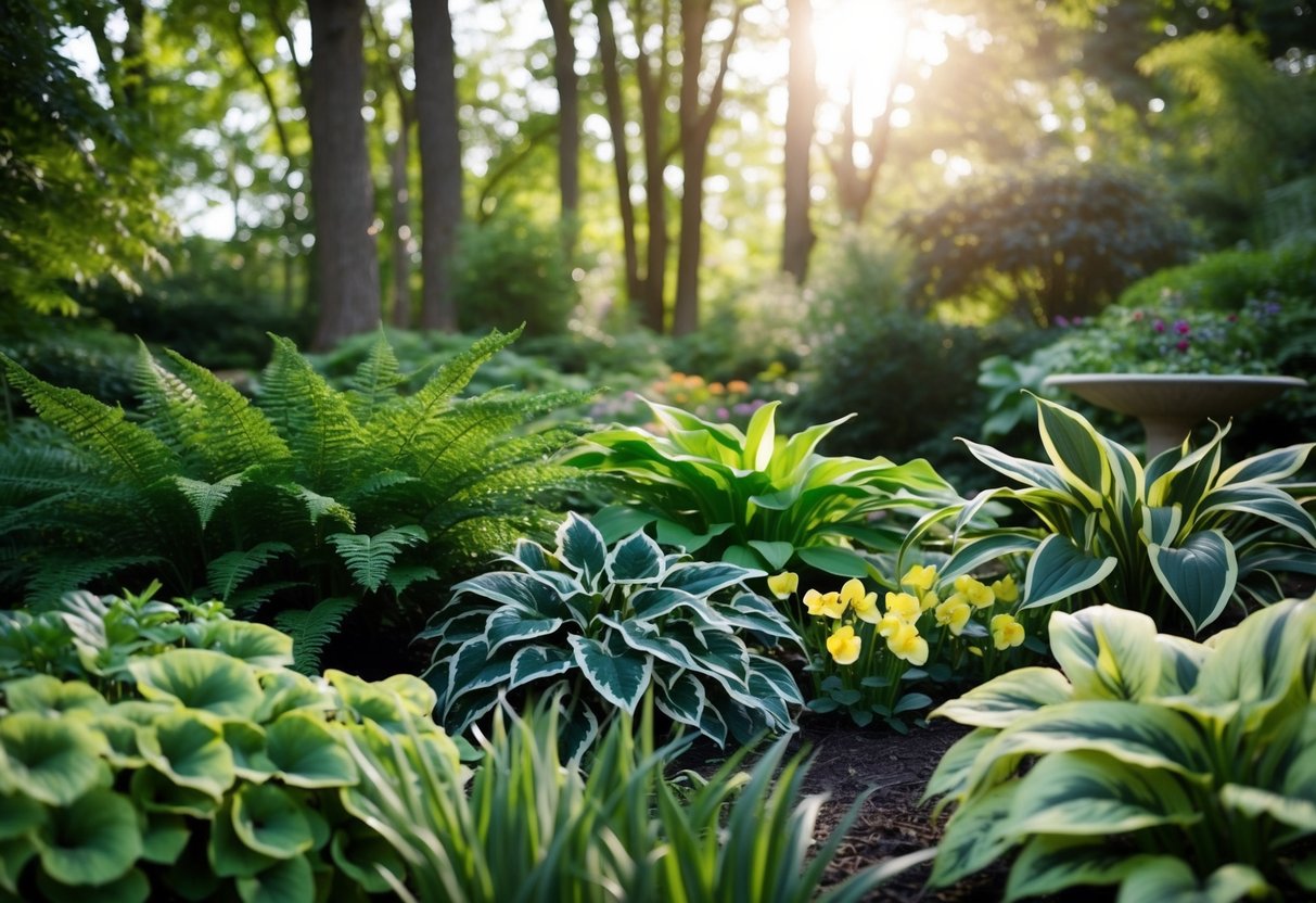 A lush, shaded garden with ferns, hostas, and impatiens thriving in the dappled sunlight filtering through the trees