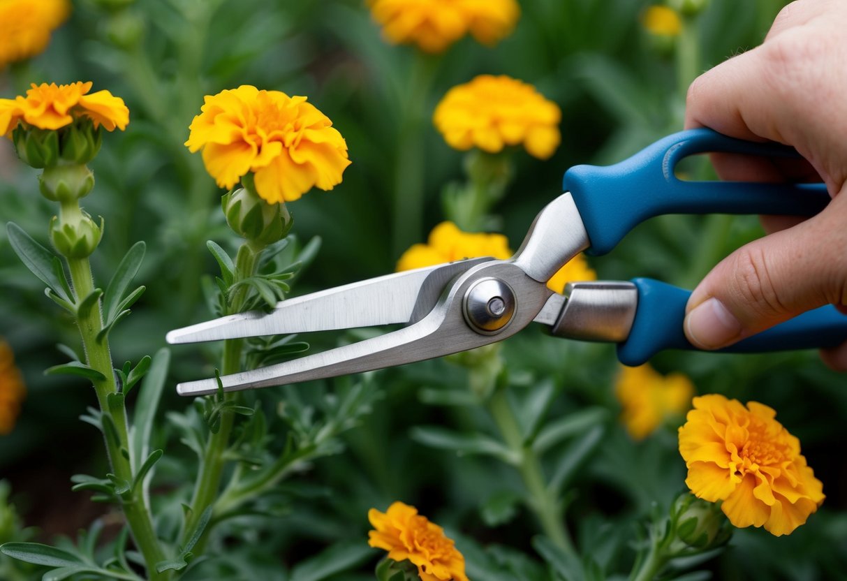 A pair of gardening shears trimming marigold stems, creating a bushier plant