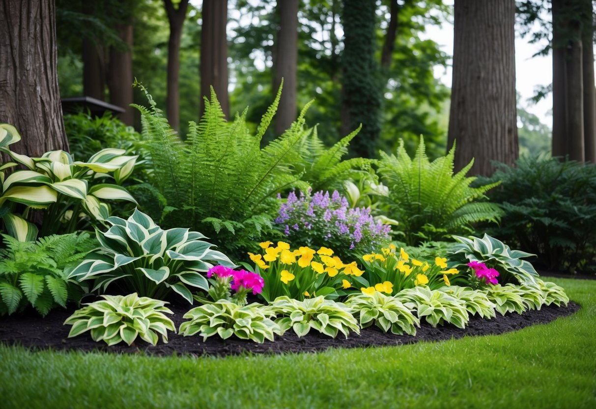 A lush garden bed with ferns, hostas, and impatiens thriving in the dappled shade, surrounded by towering trees