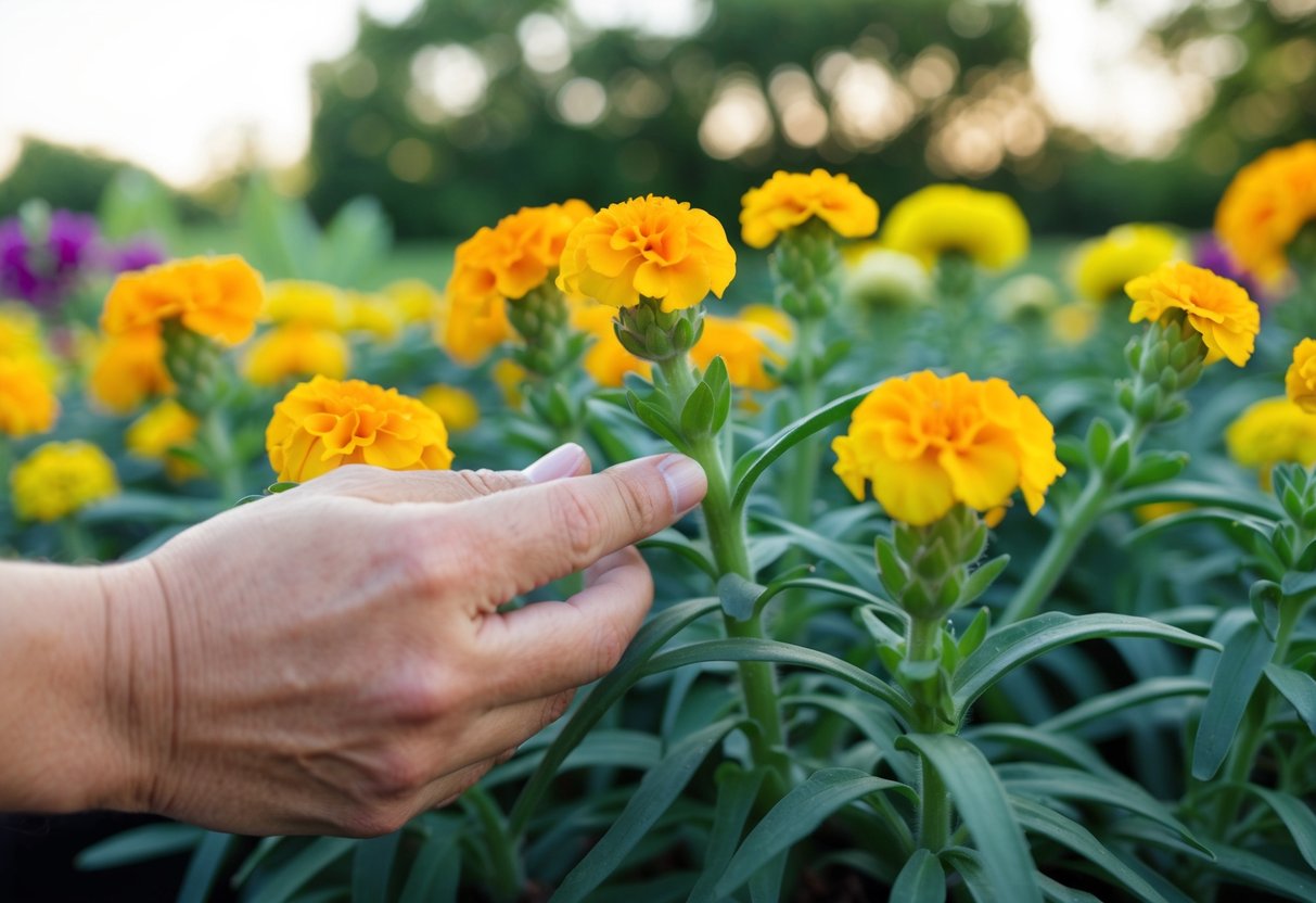 A gardener gently pinching off the tips of marigold stems to encourage bushier growth