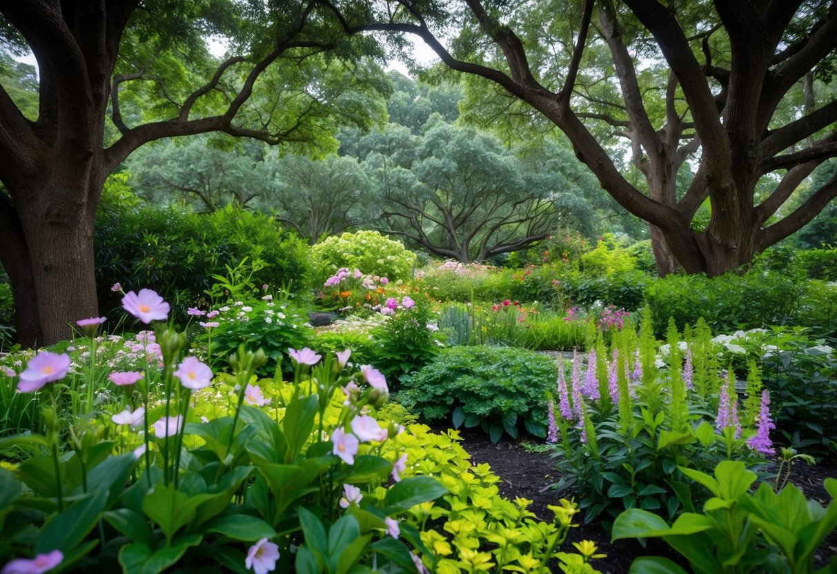 A lush garden of shade-loving flowers, with delicate blooms and vibrant foliage, nestled under the cool canopy of towering trees