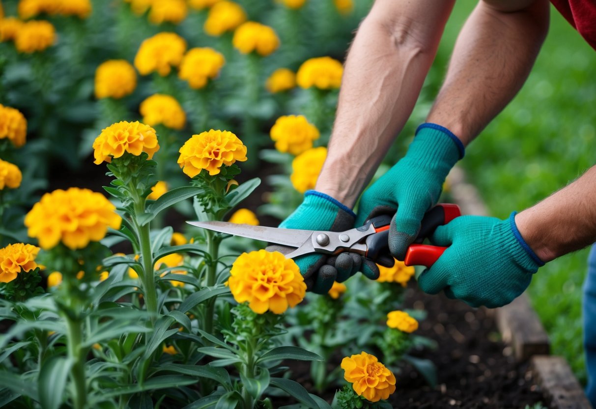 A gardener pruning marigold plants to encourage bushier growth