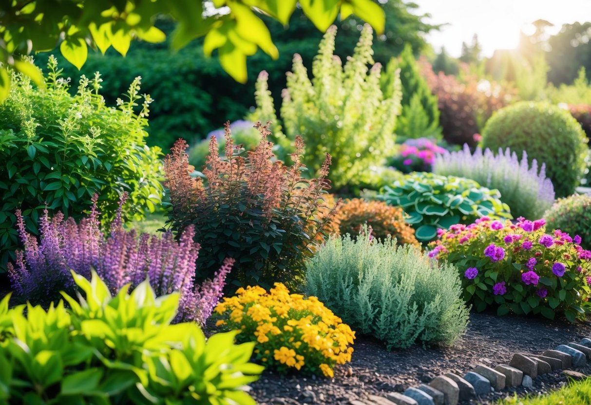 A colorful garden bed with blooming perennial shrubs in various sizes and shapes, surrounded by lush green foliage and dappled sunlight