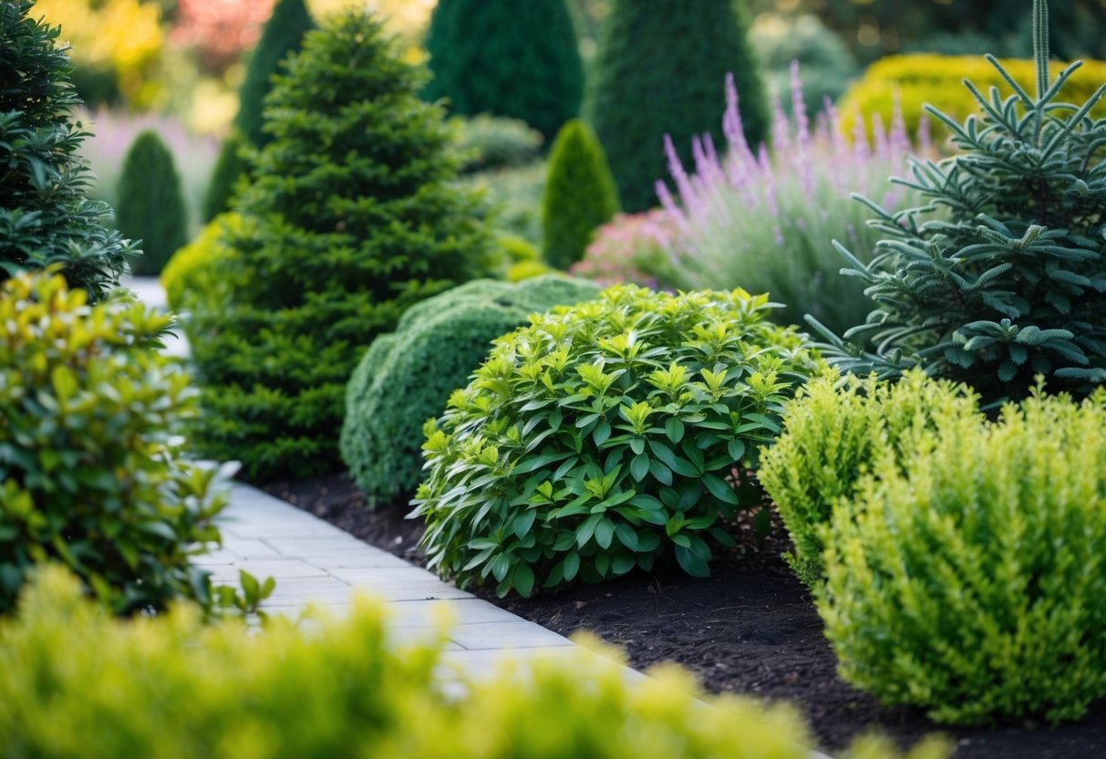 A lush garden with evergreen and foliage shrubs in various sizes and colors, showcasing year-round interest and low-maintenance perennial options